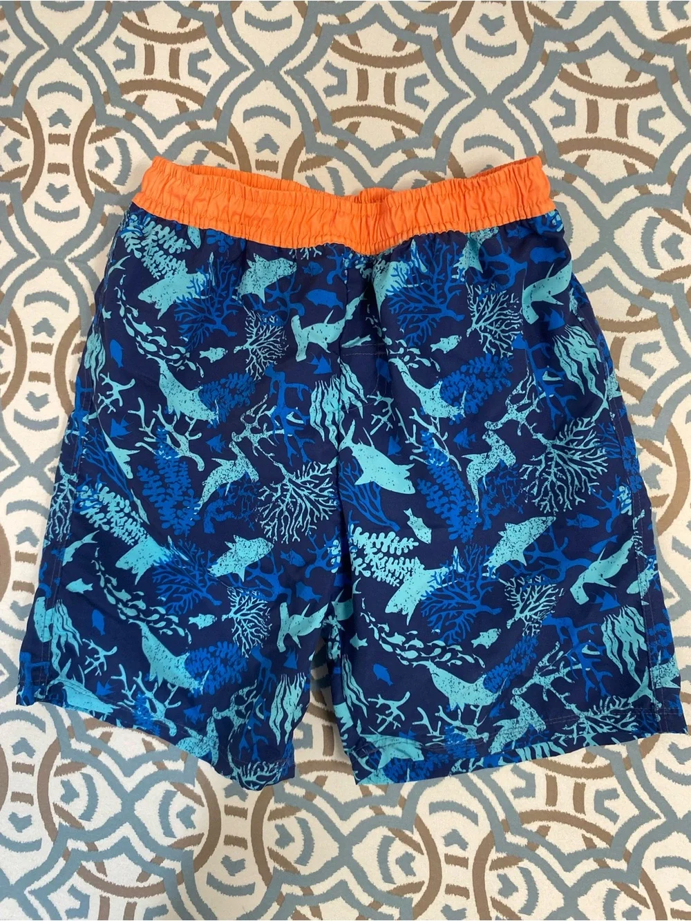Kids Blue Ocean Print Swim Trunks with Orange Waistband
